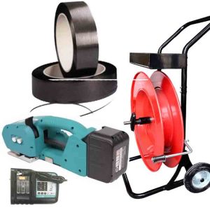 Комплет алат за лентирање NEO 9-16mm PET/PP со батерија, полнач, ПЕТ лента за лентирање, количка за лентирање